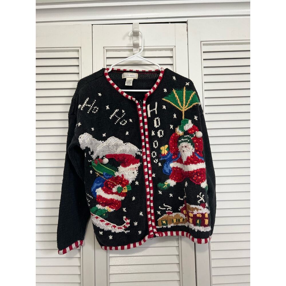 Studio Works Christmas Santa Full Zip Knit Sweater Sz: Large
